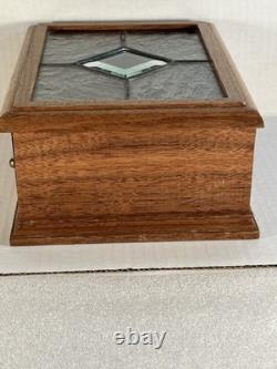 Vintage Stained Glass Lid Reuge Music Box Switzerland Key Wind Keepsake Wood