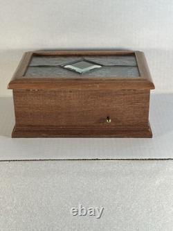 Vintage Stained Glass Lid Reuge Music Box Switzerland Key Wind Keepsake Wood