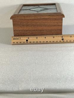 Vintage Stained Glass Lid Reuge Music Box Switzerland Key Wind Keepsake Wood