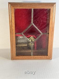 Vintage Stained Glass Lid Reuge Music Box Switzerland Key Wind Keepsake Wood