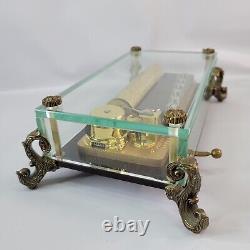 Vintage Swiss Reuge 72 Music Box Crystal Clear Glass Case with Dolphin Legs