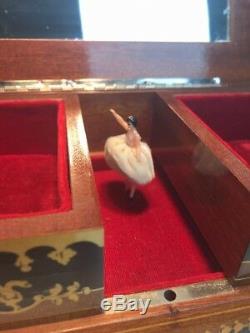 Vintage Swiss Reuge Dancing Ballerina Music Box Jewelry Wooden Case Wiyh The Key