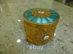Vintage Swiss Reuge Guilloche Enamel Music Box Musical Powder Gold Tone Case