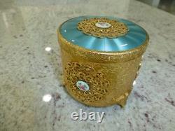 Vintage Swiss Reuge Guilloche Enamel Music Box Musical Powder Gold Tone Case
