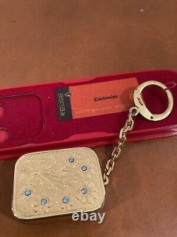 Vintage Swiss Reuge KEYCHAIN MUSIC BOX BLUE CRYSTALS orig box EDELWEISS