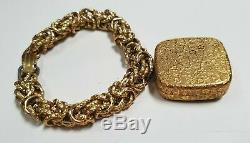 Vintage Swiss Reuge Minature Music Box Musical Gilt Gold Case & Bracelet Chain