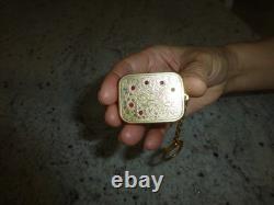 Vintage Swiss Reuge Miniature music box pendant, Key Chain, Ruby Stones Front