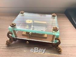 Vintage Swiss Reuge Music Box Etched Crystal Glass Case With Dolphin Legs