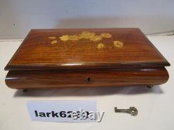 Vintage Wood Jewelry inlay Reuge Music Box & Key Plays Memory 10.75w Italy 1960