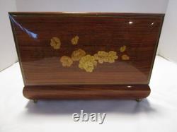 Vintage Wood Jewelry inlay Reuge Music Box & Key Plays Memory 10.75w Italy 1960