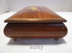 Vintage Wood Jewelry inlay Reuge Music Box & Key Plays Memory 10.75w Italy 1960