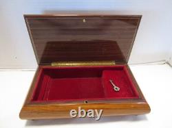 Vintage Wood Jewelry inlay Reuge Music Box & Key Plays Memory 10.75w Italy 1960