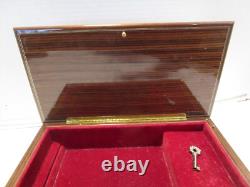 Vintage Wood Jewelry inlay Reuge Music Box & Key Plays Memory 10.75w Italy 1960