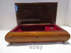 Vintage Wood Jewelry inlay Reuge Music Box & Key Plays Memory 10.75w Italy 1960