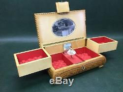 Vintage Wooden Reuge Swiss Music Jewelry Box with Key & Dancing Ballerina