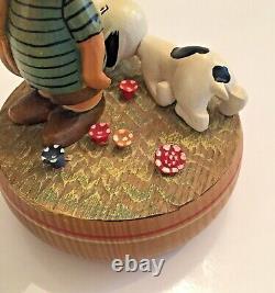 Vtg Anri PEANUTS Snoopy Linus Wooden Music Box 5.5 Reuge Swiss Mvmt 1968 ITALY