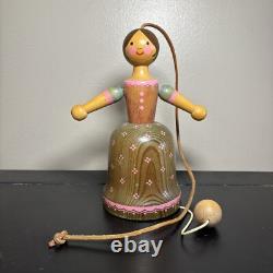 Vtg BREITSCHWERDT Musical Pull Wooden Toy Doll Reuge Swiss WORKS