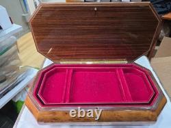 Vtg Italian Burl Wood Musical Jewelry Box Italy Reuge Plays Over the Rainbow