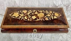 Vtg Italian Floral Wood Inlay Music Jewelry Box Swiss Movement Plays For Elise