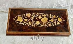 Vtg Italian Floral Wood Inlay Music Jewelry Box Swiss Movement Plays For Elise