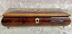 Vtg Italian Floral Wood Inlay Music Jewelry Box Swiss Movement Plays For Elise