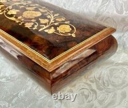 Vtg Italian Floral Wood Inlay Music Jewelry Box Swiss Movement Plays For Elise