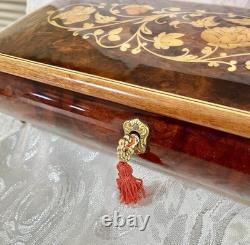 Vtg Italian Floral Wood Inlay Music Jewelry Box Swiss Movement Plays For Elise