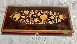 Vtg Italian Floral Wood Inlay Music Jewelry Box Swiss Movement Plays For Elise