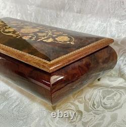 Vtg Italian Floral Wood Inlay Music Jewelry Box Swiss Movement Plays For Elise
