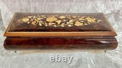 Vtg Italian Floral Wood Inlay Music Jewelry Box Swiss Movement Plays For Elise