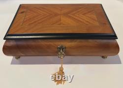 Vtg REUGE Chevron Wood Inlay Swiss Music Jewelry Box/Key ARRIVEDERCI ROMA Italy