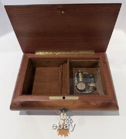 Vtg REUGE Chevron Wood Inlay Swiss Music Jewelry Box/Key ARRIVEDERCI ROMA Italy