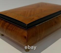 Vtg REUGE Chevron Wood Inlay Swiss Music Jewelry Box/Key ARRIVEDERCI ROMA Italy