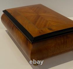 Vtg REUGE Chevron Wood Inlay Swiss Music Jewelry Box/Key ARRIVEDERCI ROMA Italy