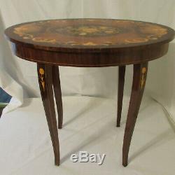Vtg Sorrento Italian Marquetry Inlaid Wood Floral Music Box Oval Accent Table