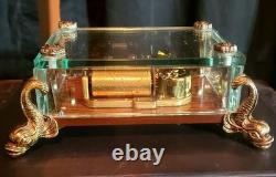 Vtg Swiss Reuge Crystal Clear Glass Music Box Dolphin Legs Beveled Switzerland