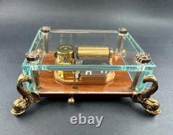 Vtg Swiss Reuge Crystal Clear Glass Music Box Dolphin Legs Beveled Switzerland