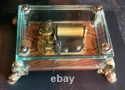 Vtg Swiss Reuge Crystal Clear Glass Music Box Dolphin Legs Beveled Switzerland