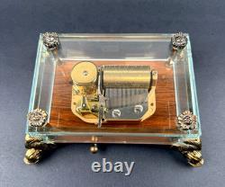 Vtg Swiss Reuge Crystal Clear Glass Music Box Dolphin Legs Beveled Switzerland