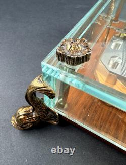 Vtg Swiss Reuge Crystal Clear Glass Music Box Dolphin Legs Beveled Switzerland