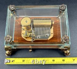 Vtg Swiss Reuge Crystal Clear Glass Music Box Dolphin Legs Beveled Switzerland