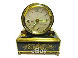 Vtg. Unique Mid Century Reuge Swiss Black Gold Mechanical Music Box Alarm Clock